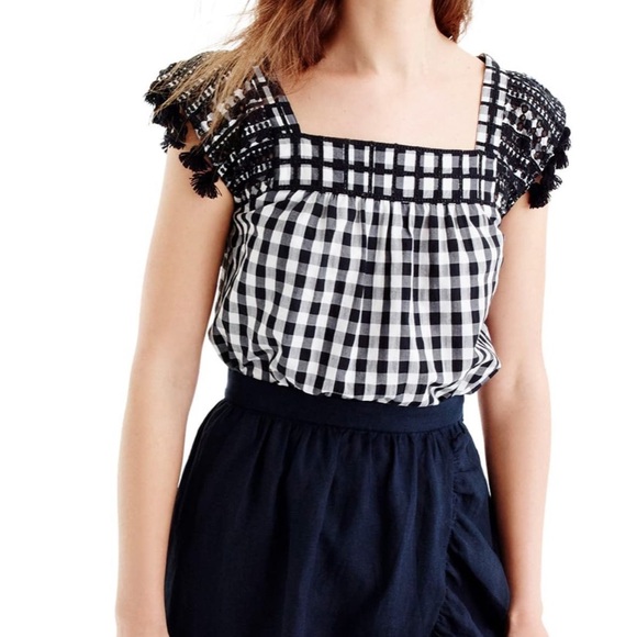 J. Crew Tops - J. Crew Gingham Embroidered Tassel Top sz 2